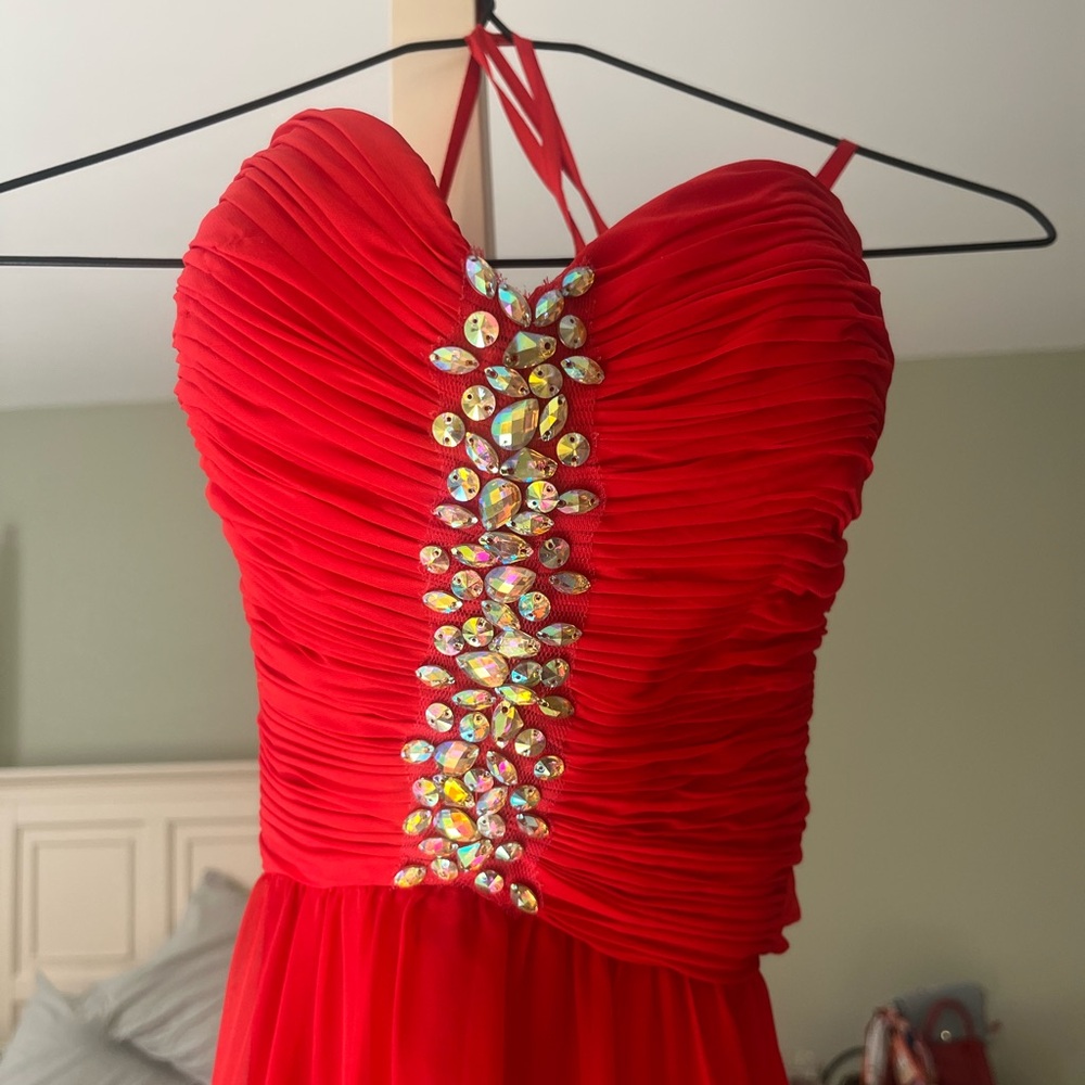 Red Flowy Prom Dress with Embellishments